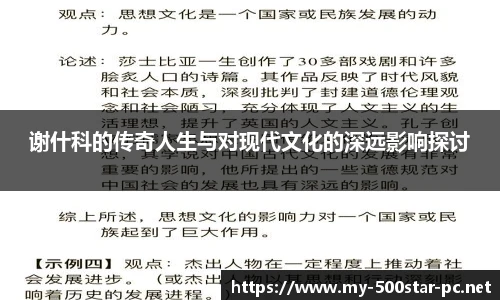 谢什科的传奇人生与对现代文化的深远影响探讨